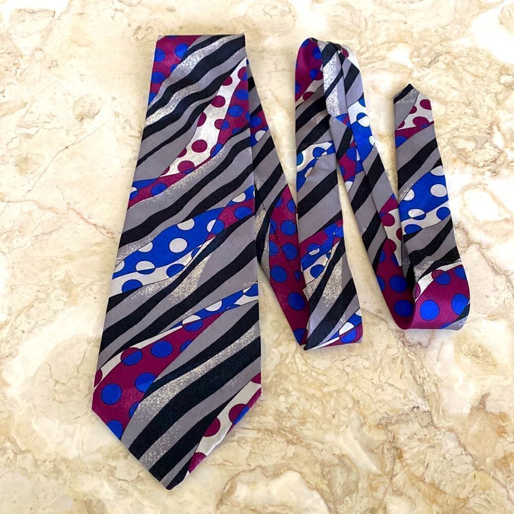 Vintage Pierre Cardin 100% Silk Tie Multi-Colour Stripes & Polka Dots